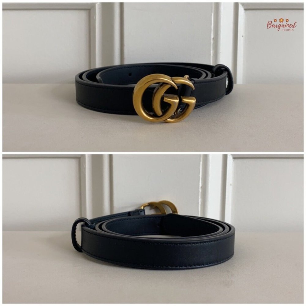 Authentic Gucci Black Smooth Leather Slim Signature Double G Buckle Belt 85/34 - Picture 3 of 13